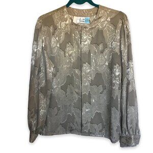 New Edition Women's Vintage Long Sleeve Round Neck Shiny Blouse Size 10 Taupe